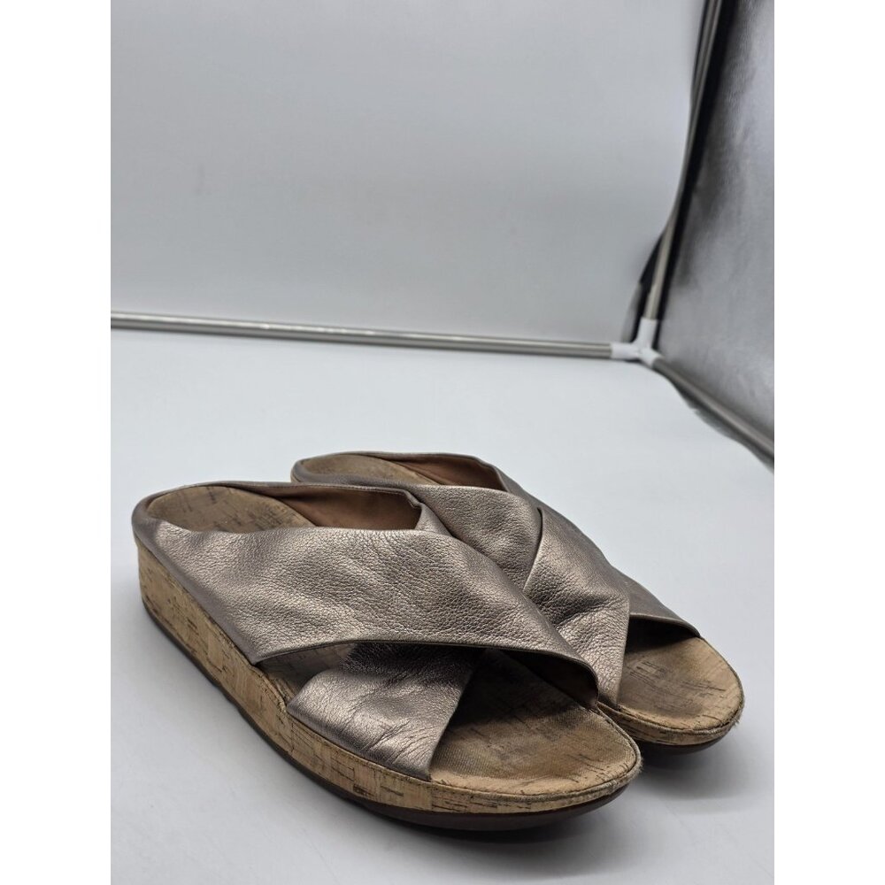 FitFlop Sandals Womens Size 8 Gold kys Leather Slide Cork Platform Wedge Shoes